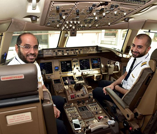 (L to R): Capt. Eisa Al-Hadad and First Officer Yousef Karam preparing for KAC’s first B777-300ER commercial flight